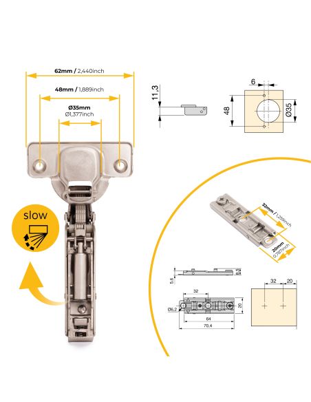 Emuca Lotto di 20 cerniere collo alto X91 con chiusura soft e Basetta a vite, altezza 1, Acciaio, Nichelato