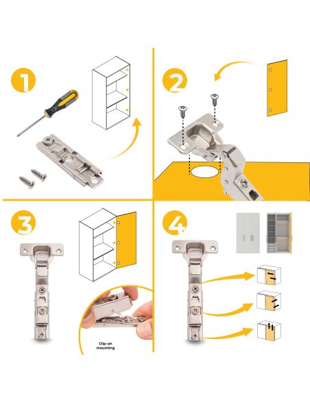 Emuca Lotto di 20 cerniere collo alto X91 con chiusura soft e Basetta a vite, altezza 1, Acciaio, Nichelato