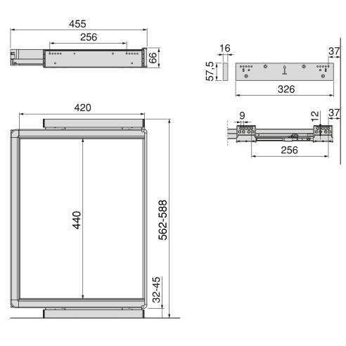 Emuca Telaio con guide a estrazione totale e chiusura morbida per accessori per armadi Quartz, 562-588mm, Alluminio e plastica