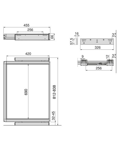Emuca Telaio con guide a estrazione totale e chiusura morbida per accessori per armadi Quartz, 812-838mm, Alluminio e plastica