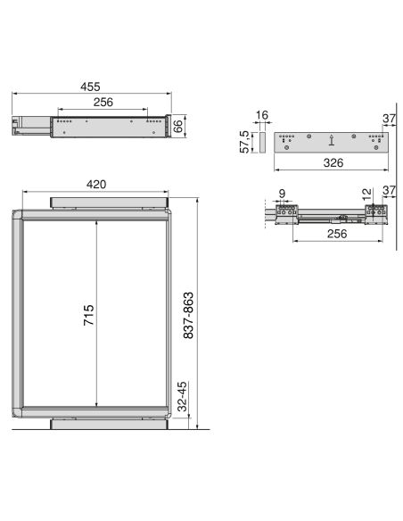Emuca Telaio con guide a estrazione totale e chiusura morbida per accessori per armadi Quartz, 837-863mm, Alluminio e plastica