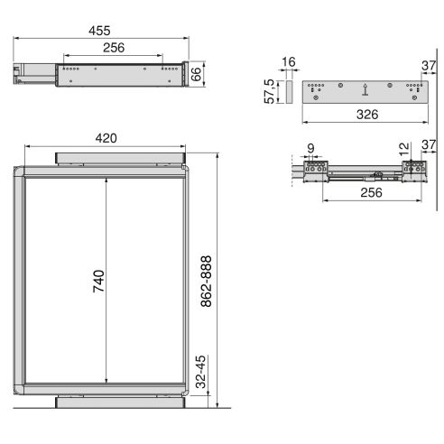 Emuca Telaio con guide a estrazione totale e chiusura morbida per accessori per armadi Quartz, 862-888mm, Alluminio e plastica