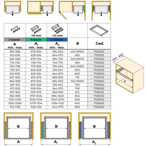 Emuca Telaio con guide a estrazione totale e chiusura morbida per accessori per armadi Quartz, 862-888mm, Alluminio e plastica