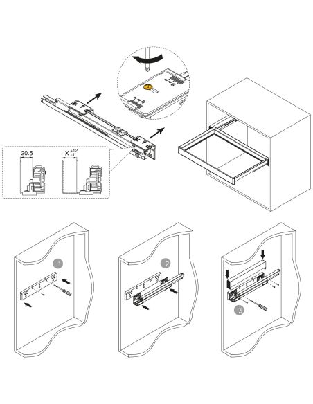 Emuca Telaio con guide a estrazione totale e chiusura morbida per accessori per armadi Quartz, 887-913mm, Alluminio e plastica