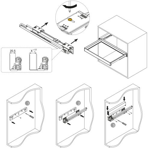 Emuca Telaio con guide a estrazione totale e chiusura morbida per accessori per armadi Quartz, 937-963mm, Alluminio e plastica