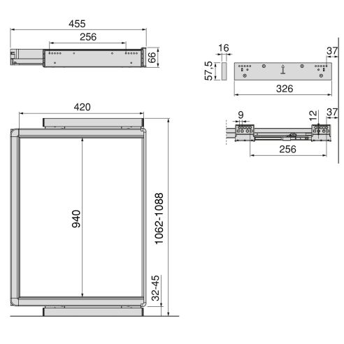 Emuca Telaio con guide a estrazione totale e chiusura morbida per accessori per armadi Quartz, 1062-1088mm, Alluminio e plastica