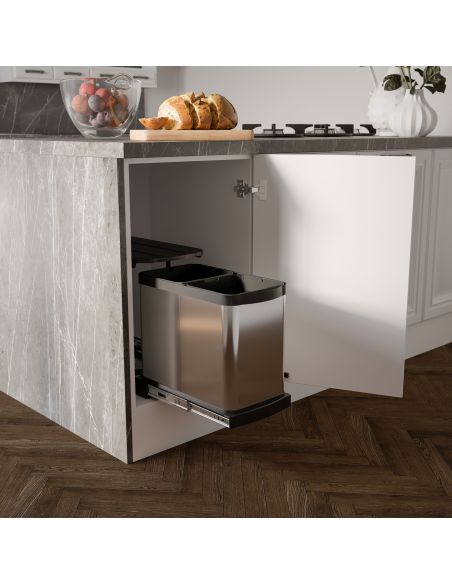 Emuca Contenitore per la raccolta differenziata Recycle Inox 2x12lt per il montaggio sul fondo e l'estrazione manuale/automatica