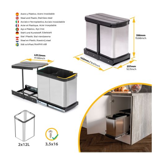 Emuca Contenitore per la raccolta differenziata Recycle Inox 2x12lt per il montaggio sul fondo e l'estrazione manuale/automatica