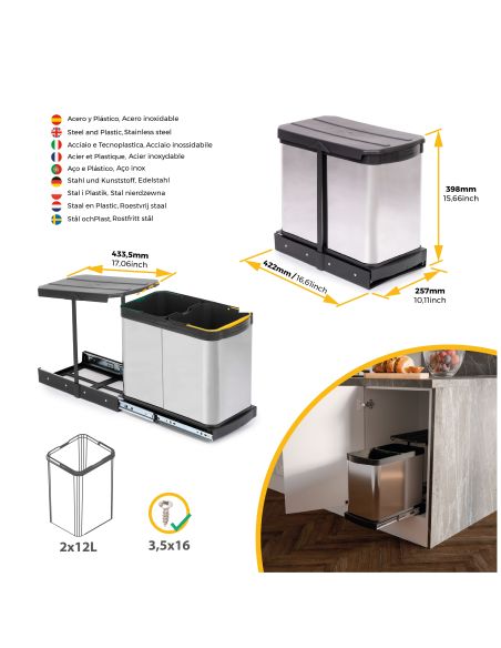Emuca Contenitore per la raccolta differenziata Recycle Inox 2x12lt per il montaggio sul fondo e l'estrazione manuale/automatica