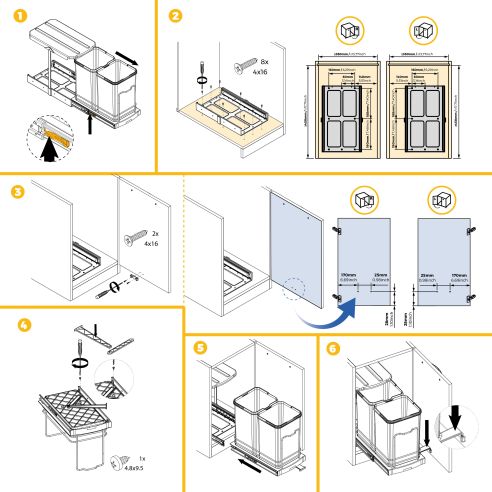 Emuca Contenitore per la raccolta differenziata Recycle Inox 2x12lt per il montaggio sul fondo e l'estrazione manuale/automatica