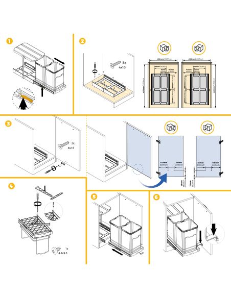 Emuca Contenitore per la raccolta differenziata Recycle Inox 2x12lt per il montaggio sul fondo e l'estrazione manuale/automatica