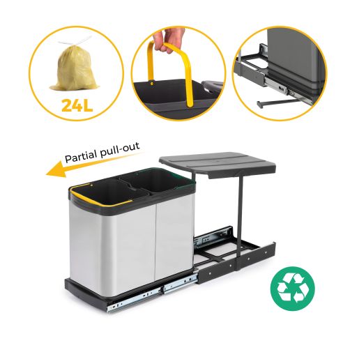 Emuca Contenitore per la raccolta differenziata Recycle Inox 2x12lt per il montaggio sul fondo e l'estrazione manuale/automatica