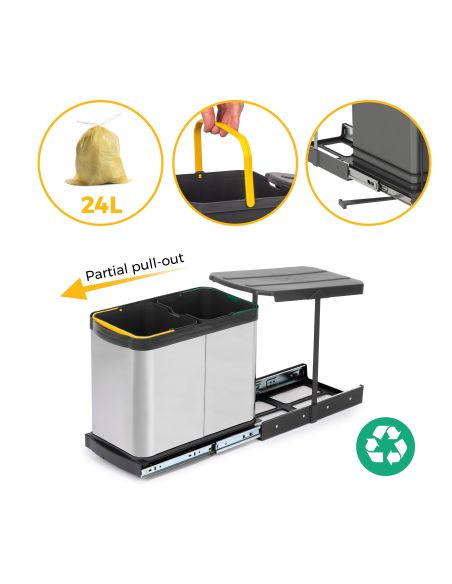 Emuca Contenitore per la raccolta differenziata Recycle Inox 2x12lt per il montaggio sul fondo e l'estrazione manuale/automatica