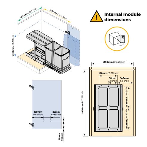 Emuca Contenitore per la raccolta differenziata Recycle Inox 2x12lt per il montaggio sul fondo e l'estrazione manuale/automatica