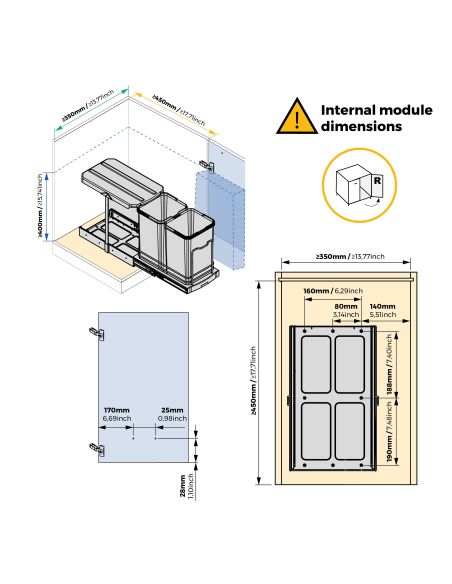 Emuca Contenitore per la raccolta differenziata Recycle Inox 2x12lt per il montaggio sul fondo e l'estrazione manuale/automatica