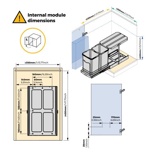 Emuca Contenitore per la raccolta differenziata Recycle Inox 2x12lt per il montaggio sul fondo e l'estrazione manuale/automatica