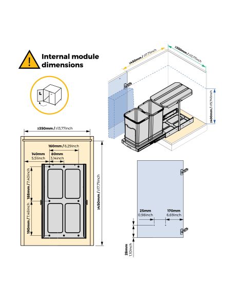 Emuca Contenitore per la raccolta differenziata Recycle Inox 2x12lt per il montaggio sul fondo e l'estrazione manuale/automatica