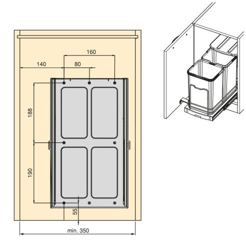 Emuca Contenitore per la raccolta differenziata Recycle Inox 2x12lt per il montaggio sul fondo e l'estrazione manuale/automatica