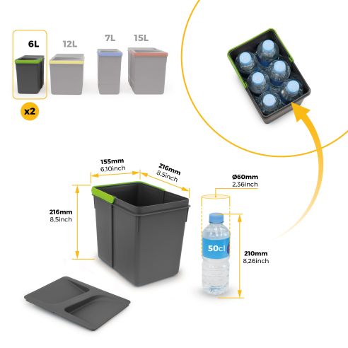 Emuca Contenitori per cassetti da cucina Recycle, Altezza 216, 2x6, Plastica grigio antracite, Tecnoplastica