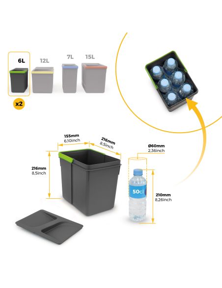 Emuca Contenitori per cassetti da cucina Recycle, Altezza 216, 2x6, Plastica grigio antracite, Tecnoplastica
