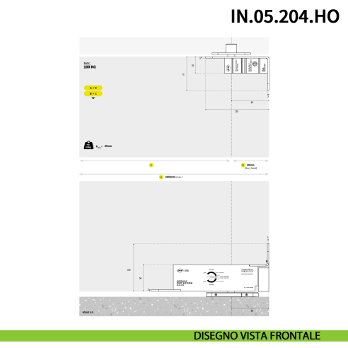Cerniera pivot idraulica per porta a bilico JNF IN.05.204.HO chiusura automatica portata 100 kg Satinato - disegno