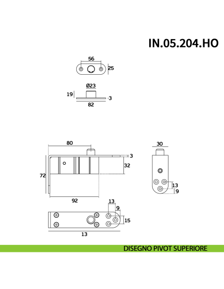 Cerniera pivot idraulica per porta a bilico JNF IN.05.204.HO chiusura automatica portata 100 kg Satinato - disegno
