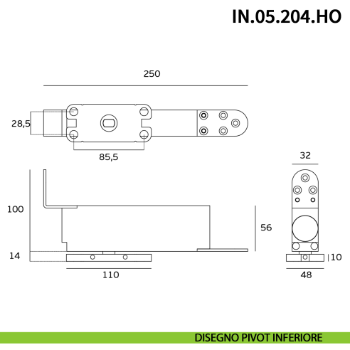 Cerniera a bilico Pivot idraulica per porta JNF IN.05.204.HO chiusura automatica portata 100 kg PVD Titanium Black - disegno