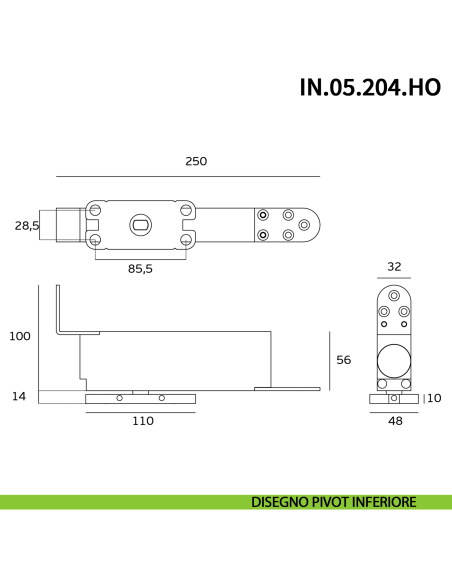 Cerniera a bilico Pivot idraulica per porta JNF IN.05.204.HO chiusura automatica portata 100 kg PVD Titanium Black - disegno