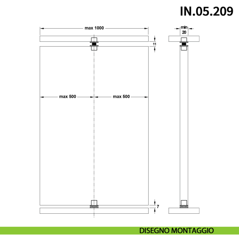 Perno pivot a scomparsa JNF IN.05.209 per pannelli girevoli a 360° a bilico portata 20 kg - disegno