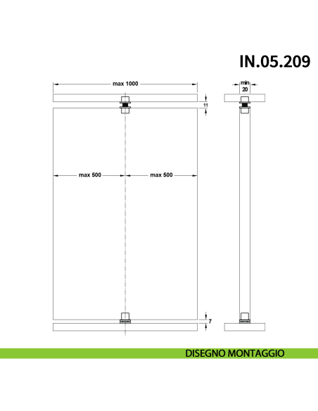 Perno pivot a scomparsa JNF IN.05.209 per pannelli girevoli a 360° a bilico portata 20 kg - disegno