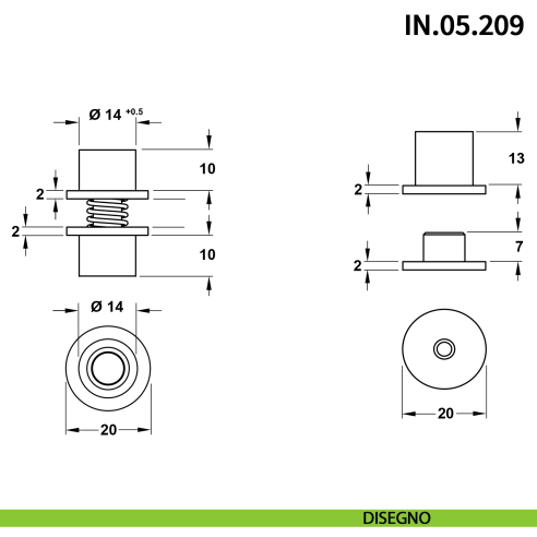 Perno pivot a scomparsa JNF IN.05.209 per pannelli girevoli a 360° a bilico portata 20 kg - disegno