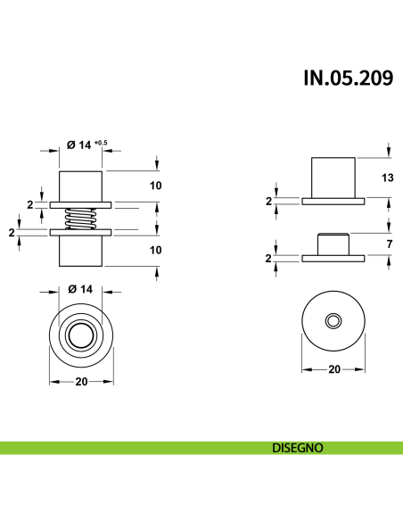 Perno pivot a scomparsa JNF IN.05.209 per pannelli girevoli a 360° a bilico portata 20 kg - disegno