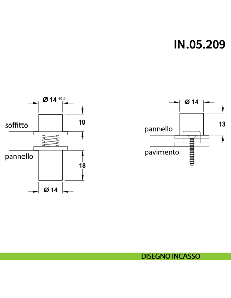 Perno pivot a scomparsa JNF IN.05.209 per pannelli girevoli a 360° a bilico portata 20 kg - disegno