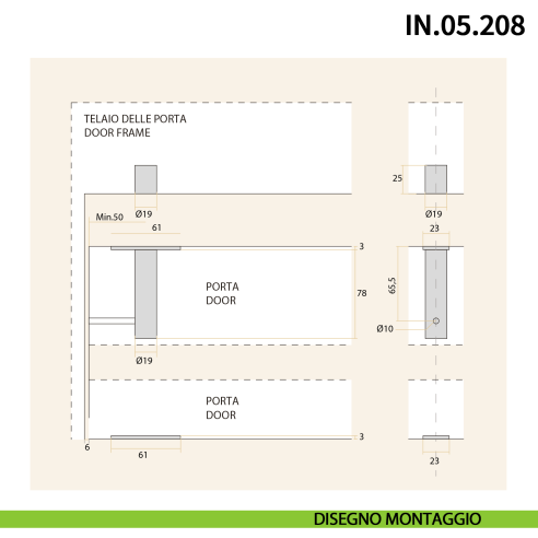 Cerniera a perno pivot a scomparsa JNF IN.05.208 per porta a bilico rotazione a 360° portata 65 kg - disegno