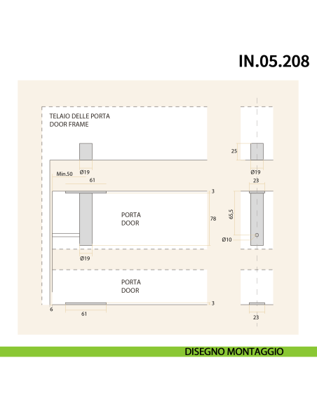 Cerniera a perno pivot a scomparsa JNF IN.05.208 per porta a bilico rotazione a 360° portata 65 kg - disegno