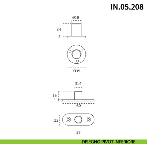 Cerniera a perno pivot a scomparsa JNF IN.05.208 per porta a bilico rotazione a 360° portata 65 kg - disegno