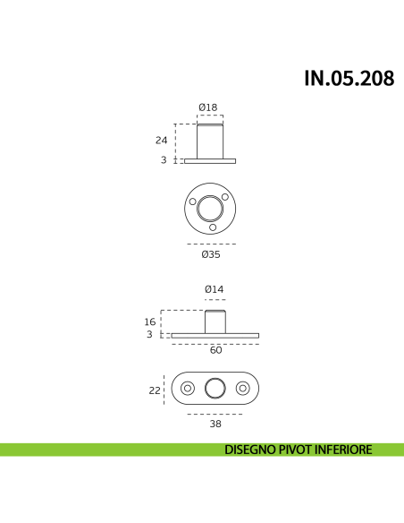 Cerniera a perno pivot a scomparsa JNF IN.05.208 per porta a bilico rotazione a 360° portata 65 kg - disegno