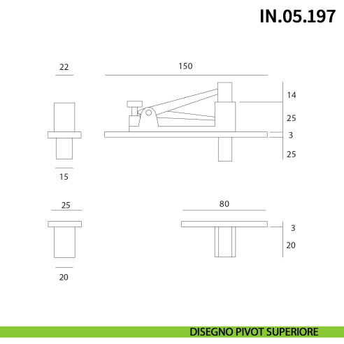 Cerniera a scomparsa per porta a bilico JNF IN.05.207 pivot con rotazione a 360° portata 200 kg - disegno