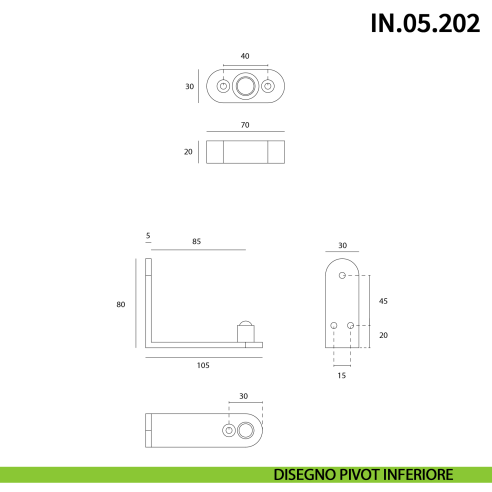 Cerniera pivot a scomparsa JNF IN.05.202 fissaggio nel telaio della porta portata 100 kg - disegno