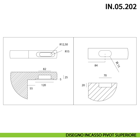 Cerniera pivot a scomparsa JNF IN.05.202 fissaggio nel telaio della porta portata 100 kg - disegno