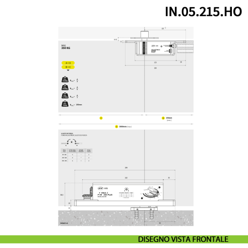 Cerniera pivot idraulica per porta di grandi dimensioni JNF IN.05.215.HO chiusura automatica portata 350 kg Satinato - disegno
