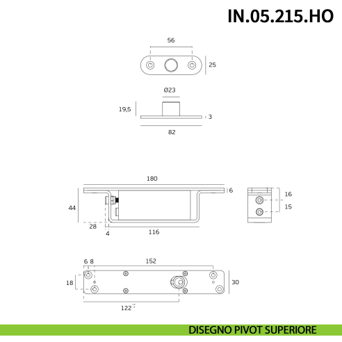 Cerniera pivot idraulica per porta di grandi dimensioni JNF IN.05.215.HO chiusura automatica portata 350 kg Satinato - disegno