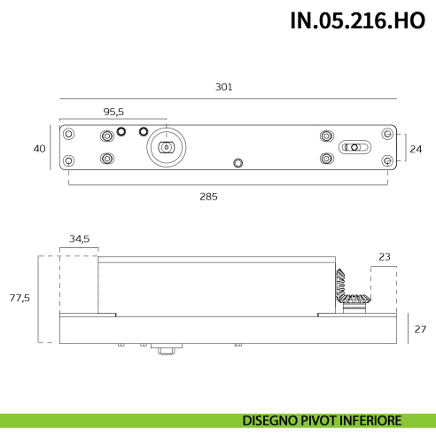 Cerniera pivot idraulica per porta a bilico di grandi dimensioni JNF IN.05.216.HO chiusura automatica portata 500 kg Satinato