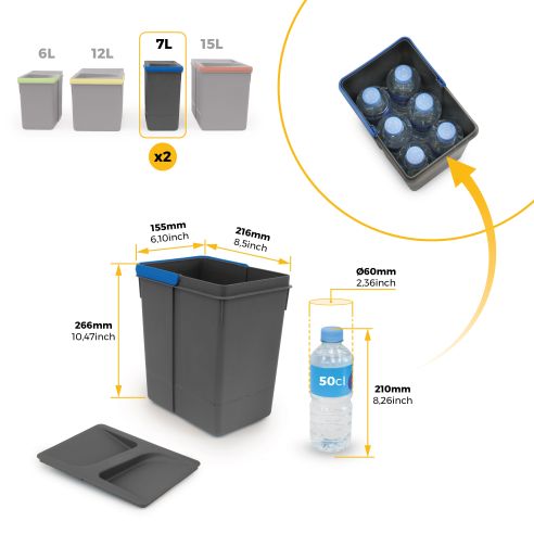 Emuca Kit di contenitori per la raccolta differenziata per cassetti da cucina Recycle Altezza Recycle 266 mm, 3x15 lt, 2x7 lt, G