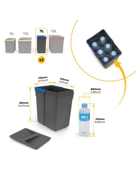 Emuca Kit di contenitori per la raccolta differenziata per cassetti da cucina Recycle Altezza Recycle 266 mm, 3x15 lt, 2x7 lt, G