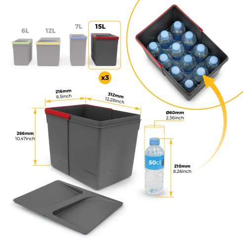 Emuca Kit di contenitori per la raccolta differenziata per cassetti da cucina Recycle Altezza Recycle 266 mm, 3x15 lt, 2x7 lt, G