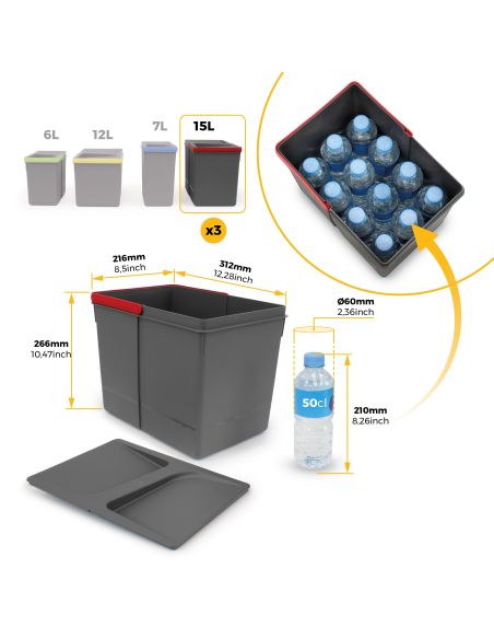 Emuca Kit di contenitori per la raccolta differenziata per cassetti da cucina Recycle Altezza Recycle 266 mm, 3x15 lt, 2x7 lt, G