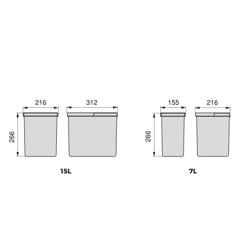 Emuca Kit di contenitori per la raccolta differenziata per cassetti da cucina Recycle Altezza Recycle 266 mm, 3x15 lt, 2x7 lt, G