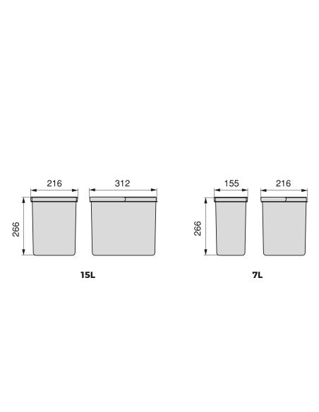 Emuca Kit di contenitori per la raccolta differenziata per cassetti da cucina Recycle Altezza Recycle 266 mm, 3x15 lt, 2x7 lt, G