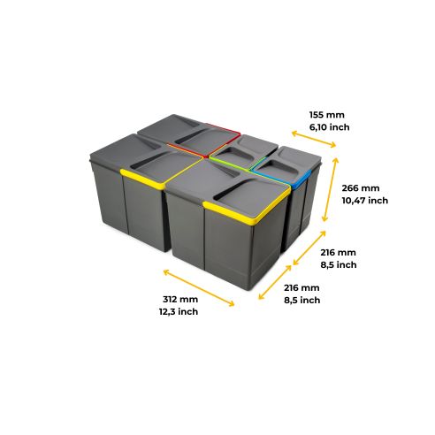 Emuca Kit di contenitori per la raccolta differenziata per cassetti da cucina Recycle Altezza Recycle 266 mm, 3x15 lt, 2x7 lt, G